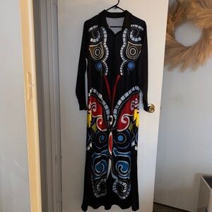 Black Maxi Dress with Bold Multicolor Abstract Motif